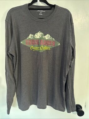 Eddie Bauer Charcoal Gray Long-Sleeve Graphic Tee with Mountain Logo Size L